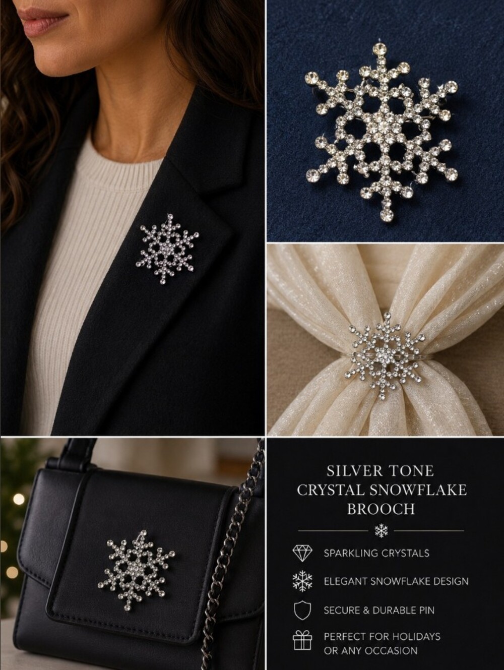 Silver Tone Crystal Snowflake Brooch - Sparkling Holiday Pin